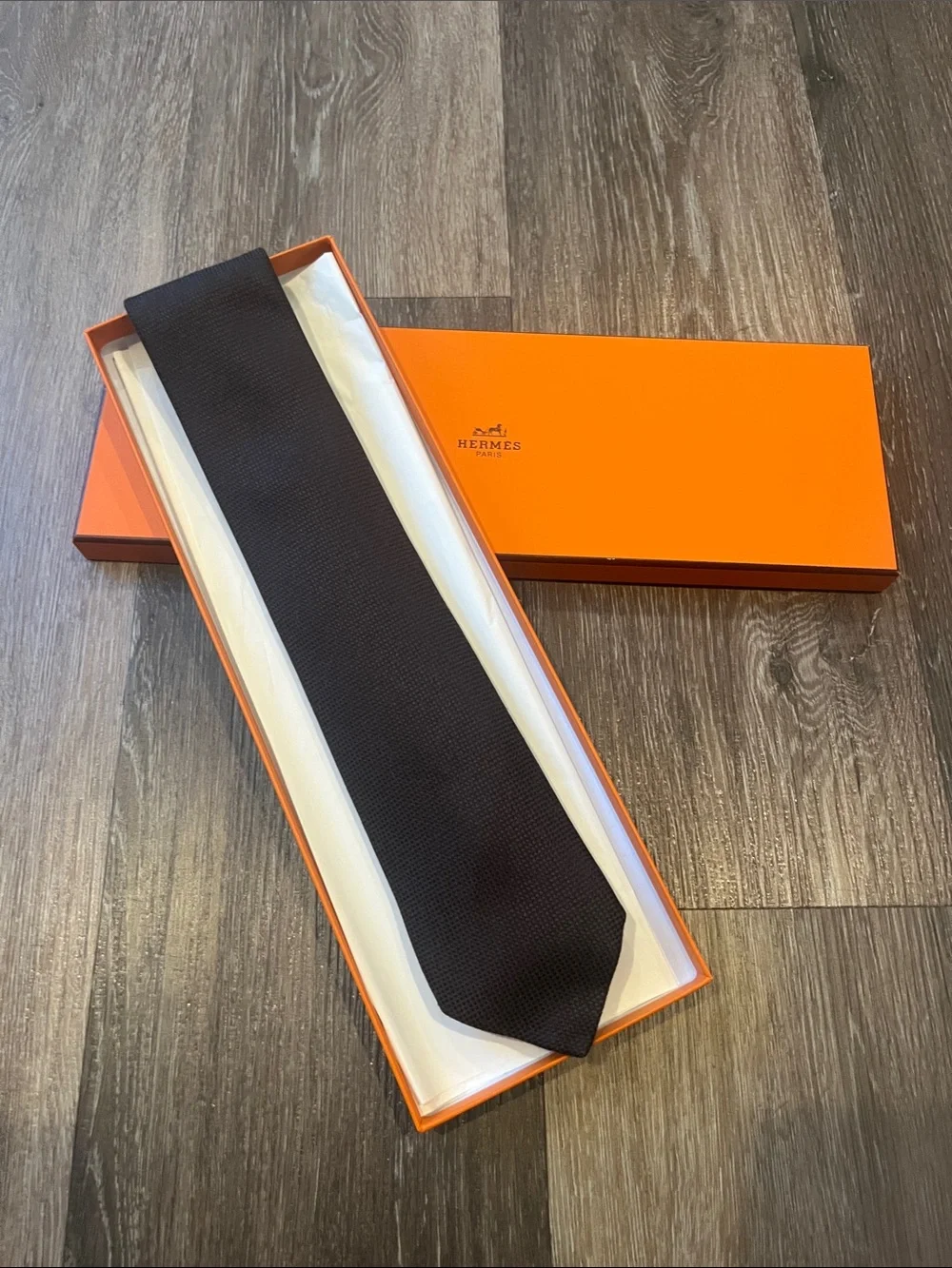 Hermes Brown Textured Silk Tie in Signature Box